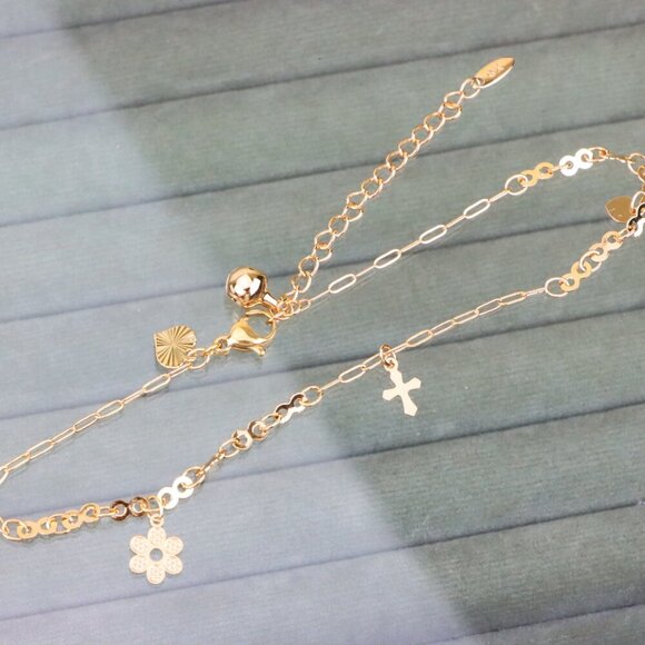 "Rose Gold Anklet with Cross & Flower Charms, XPAL1164 - Picture 10 of 12